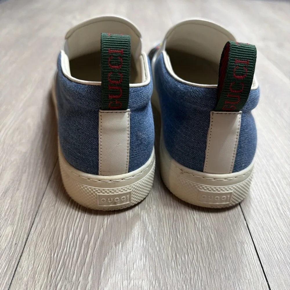 GUCCI Kura Slip On Shoes Chambray Denim Velour Logo Loafers Mens Size 10 Rare!